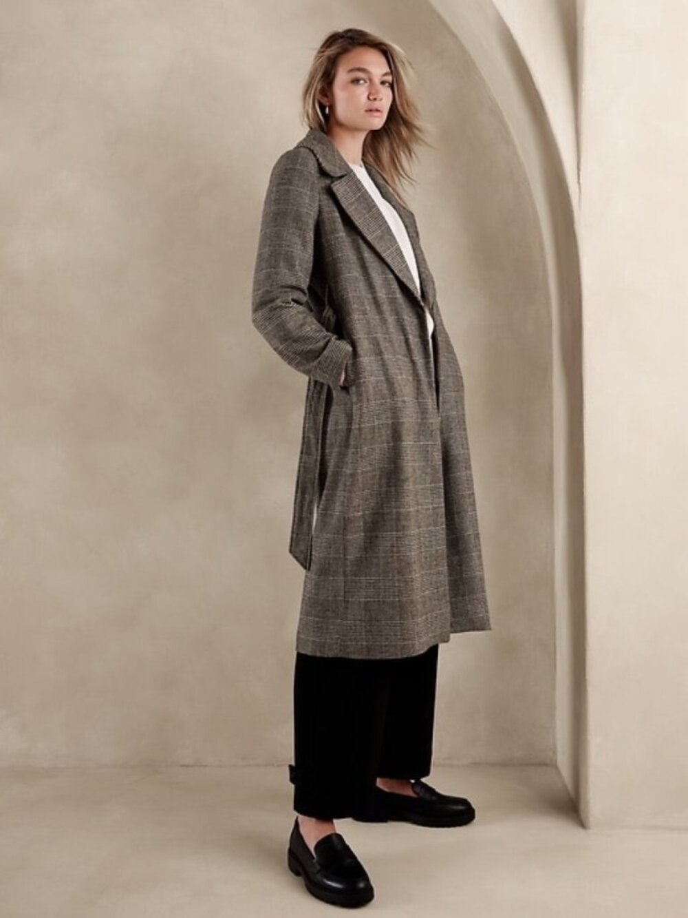 Banana Republic Factory Brown Plaid Tie Waist Wrap Coat